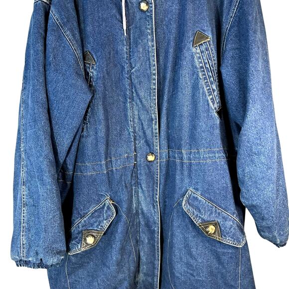 Vintage 80s Andy Johns Longline Denim Hooded Coat Jacket Utility Pockets Blue - Picture 5 of 15